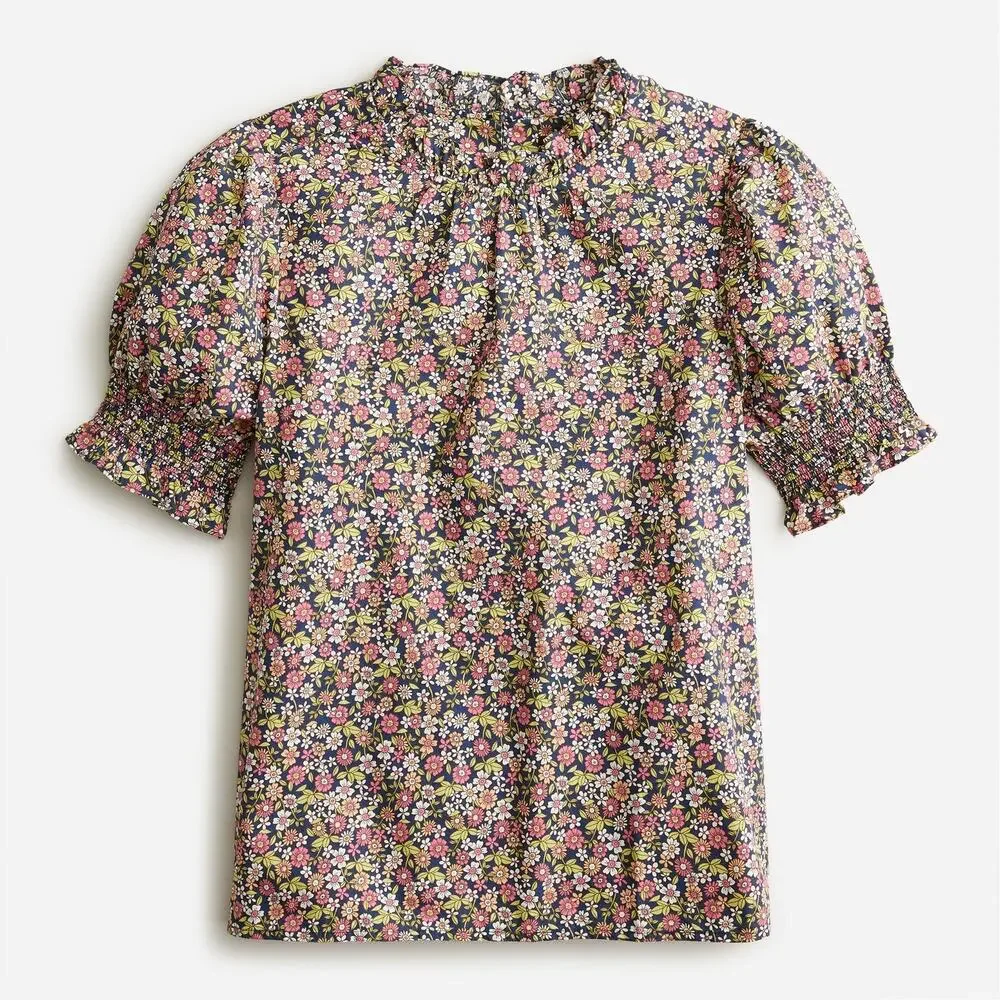 J.Crew Blouse XXS 2XS Floral Ruffle‎ Neck Smocked Puff Sleeve Cotton Poplin